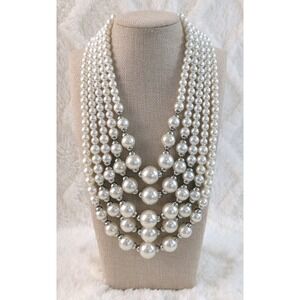 Multi Strand Faux Pearl Necklace Marked C 1946 Silver Tone Statement